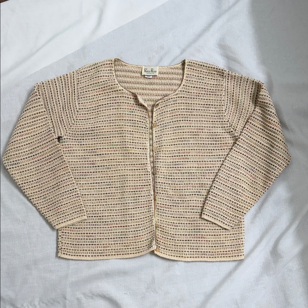 Vintage Reba Rose Knit Multicolored Cardigan Sweater 100 Percent Cotton